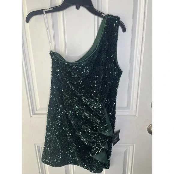 Lulus NWT Endless Luxe Dark Green Sequin Velvet One-Shoulder Mini Dress LARGE - Picture 11 of 13